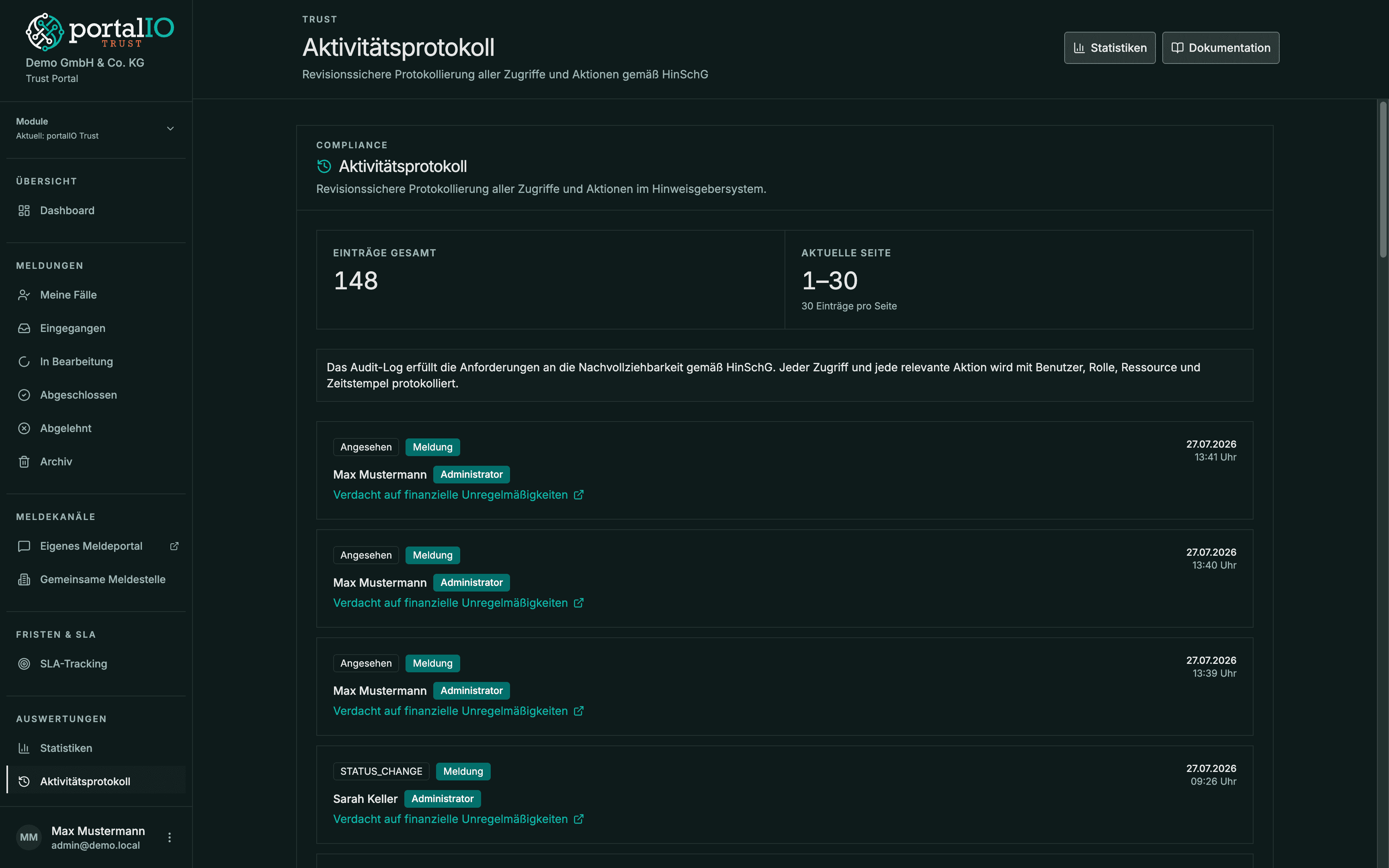Screenshot Dokumentation und Audit Log