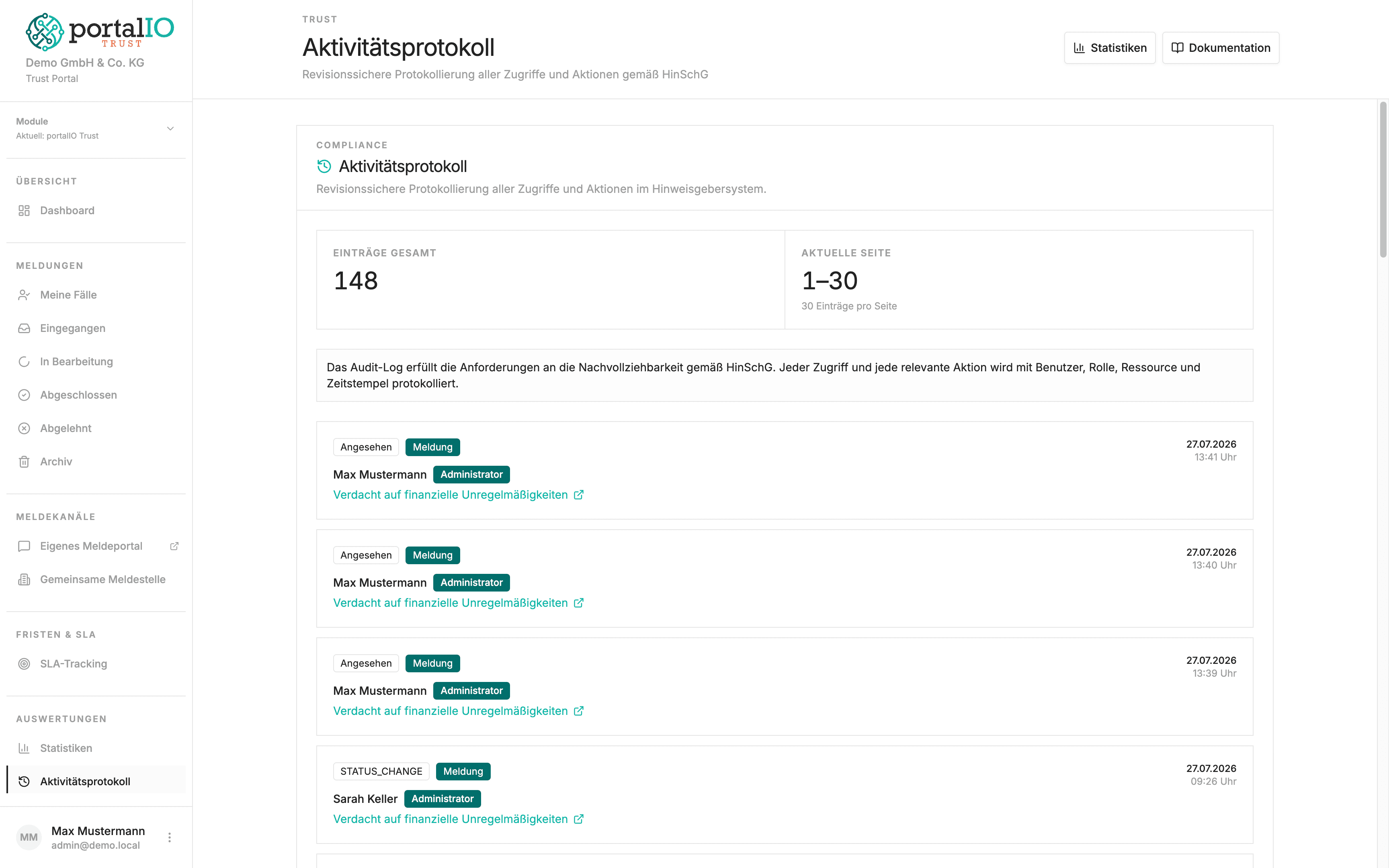 Screenshot Dokumentation und Audit Log