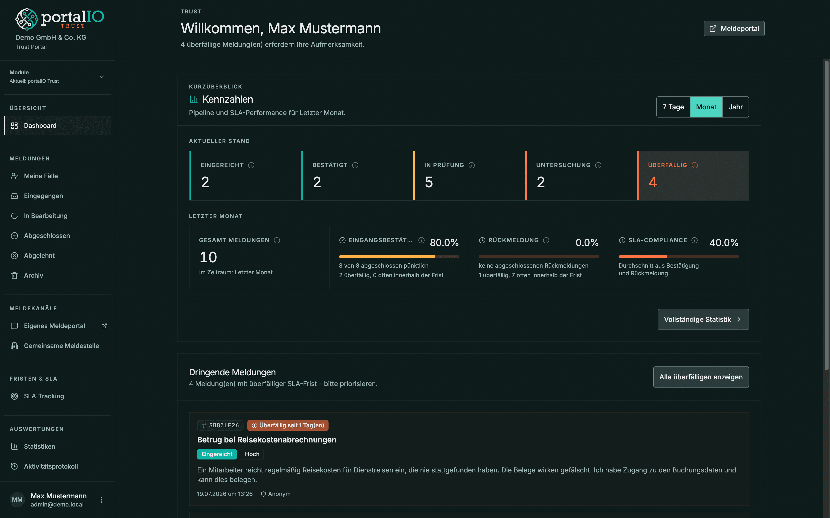 portalIO Trust Dashboard mit Meldungsübersicht und Fristen