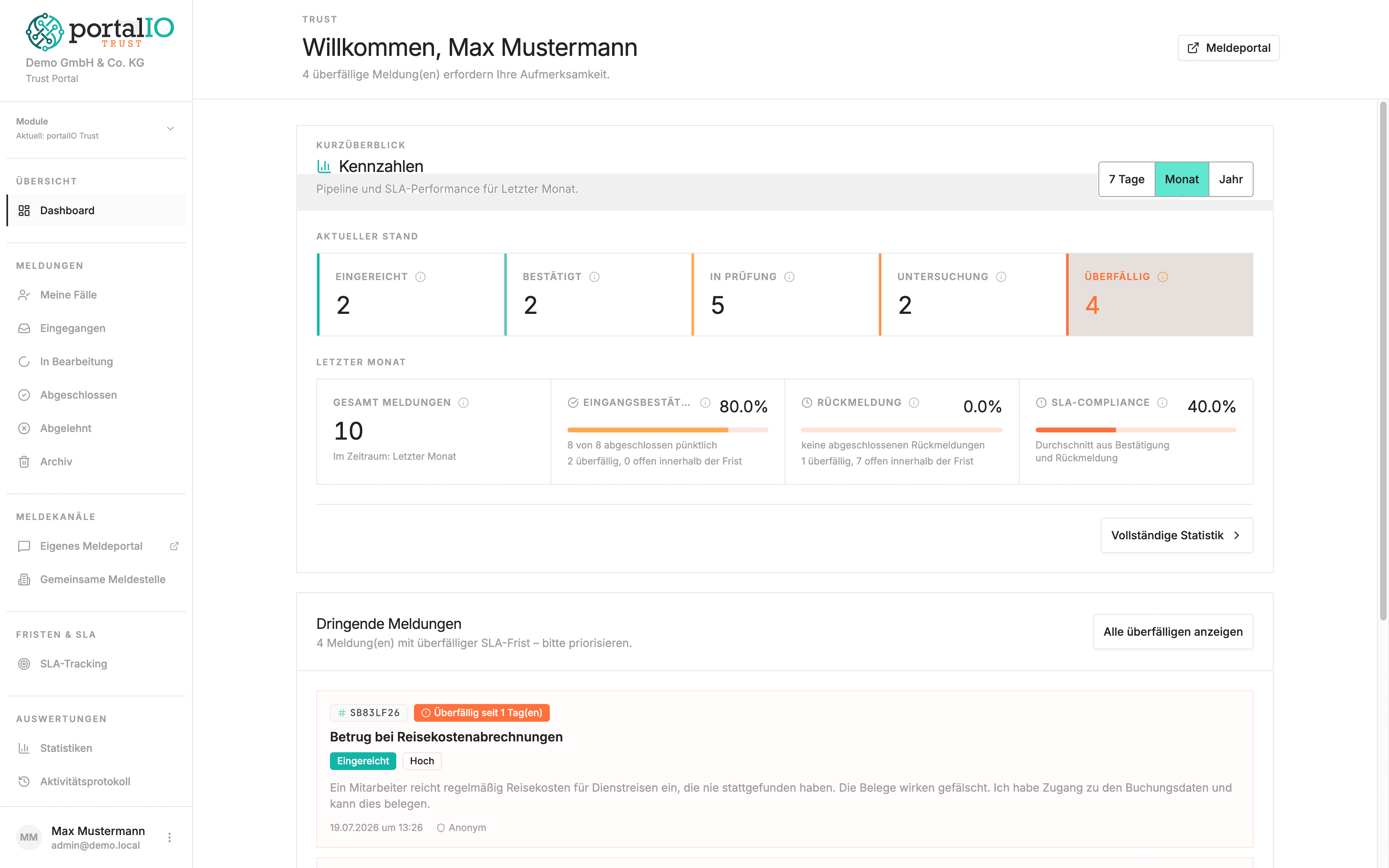 portalIO Trust Dashboard mit Meldungsübersicht und Fristen