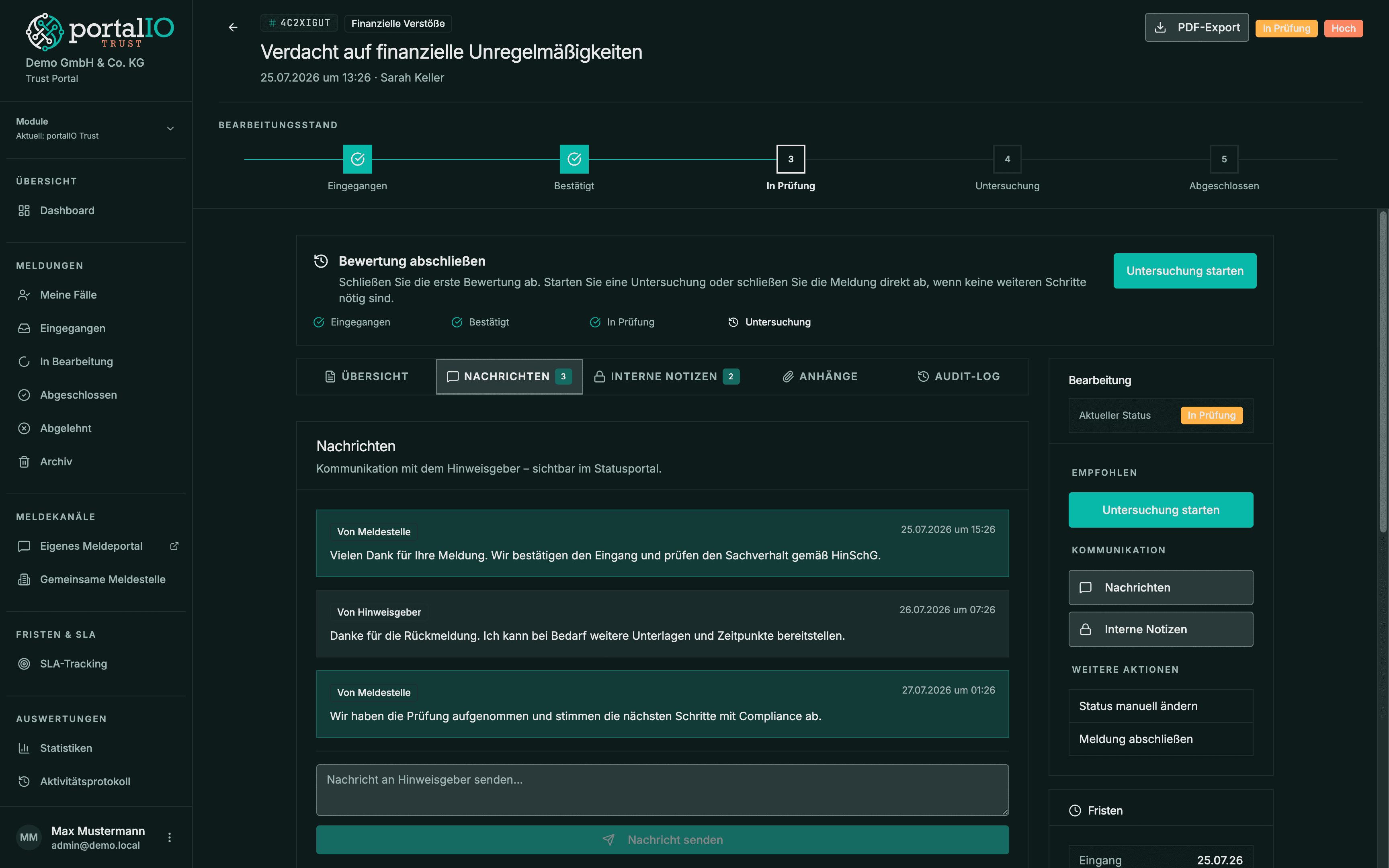 Screenshot Hinweis-Detailseite interne Bearbeitung