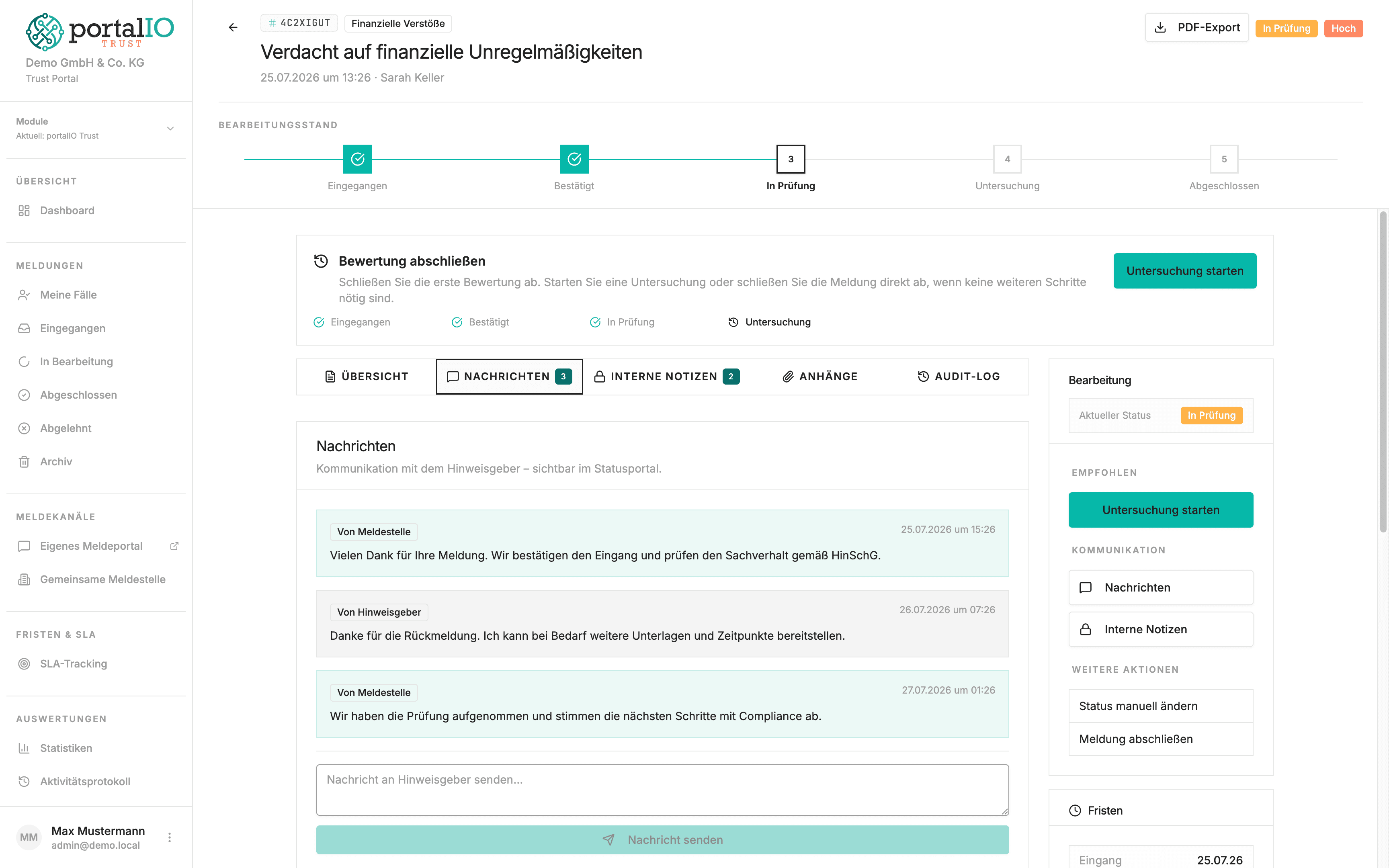 Screenshot Hinweis-Detailseite interne Bearbeitung