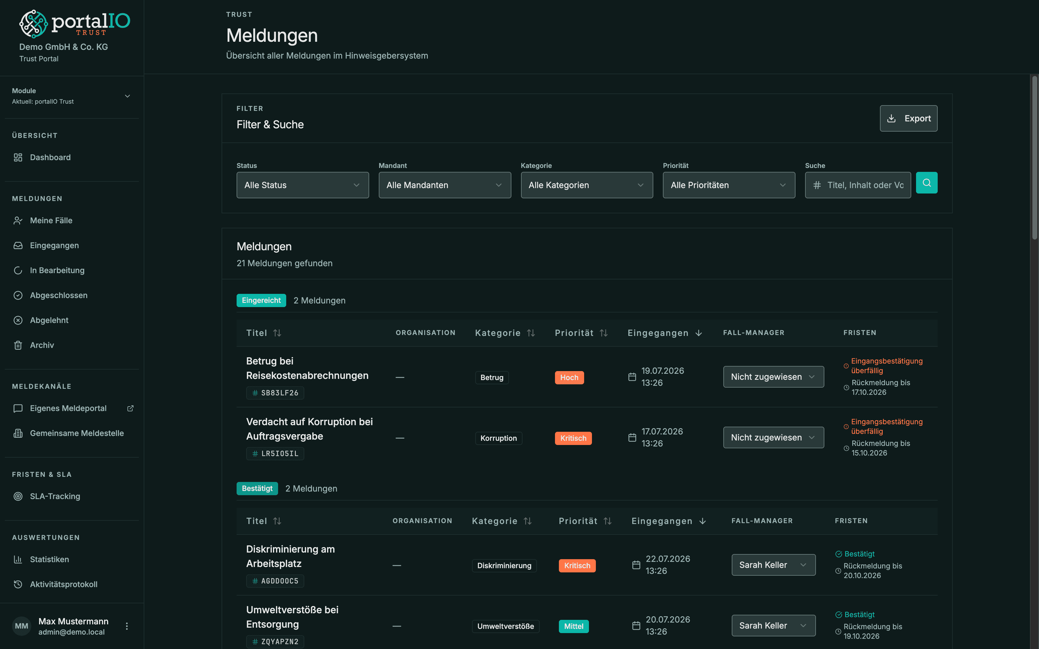 Screenshot Admin-Ansicht eingegangene Meldungen