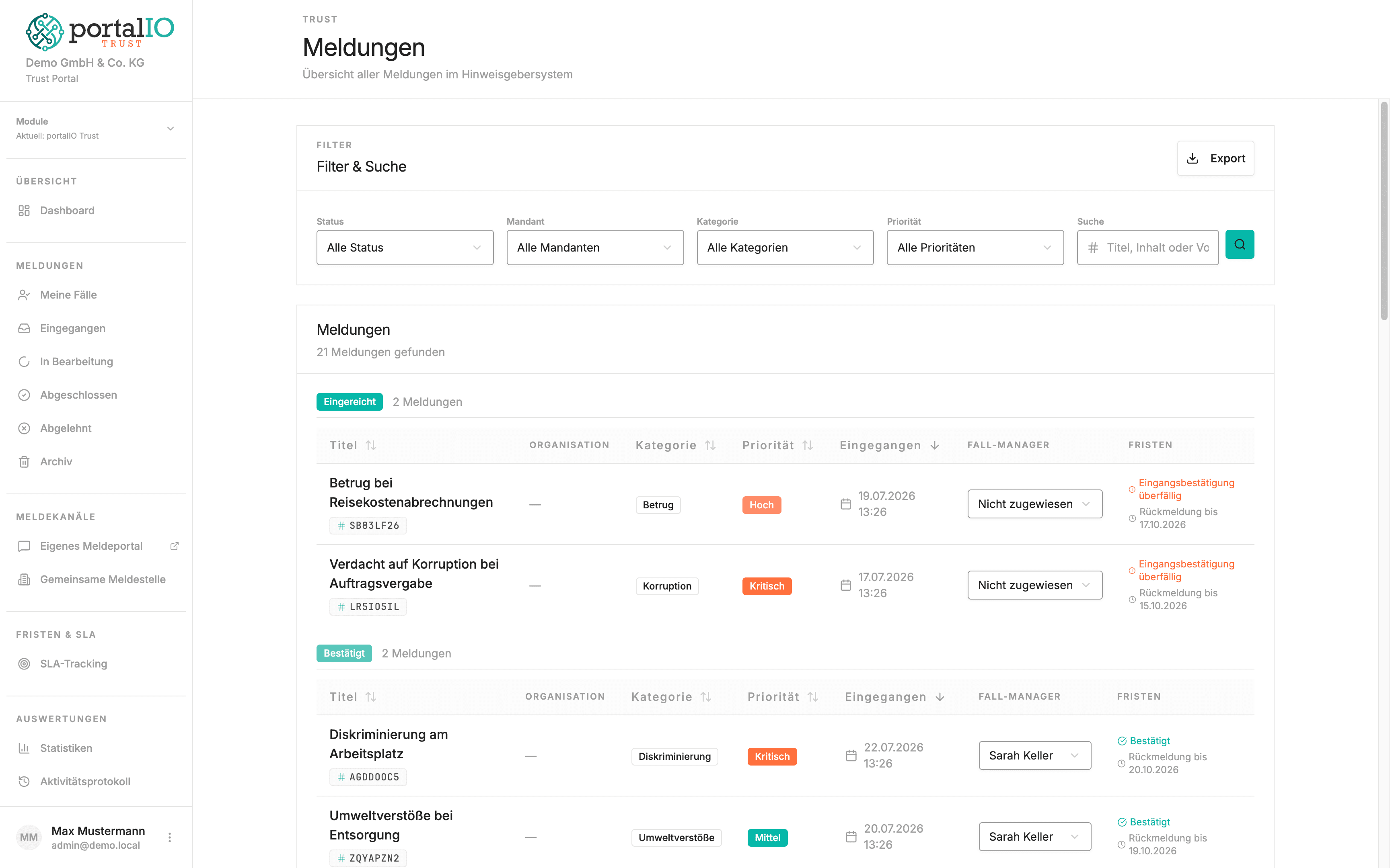 Screenshot Admin-Ansicht eingegangene Meldungen