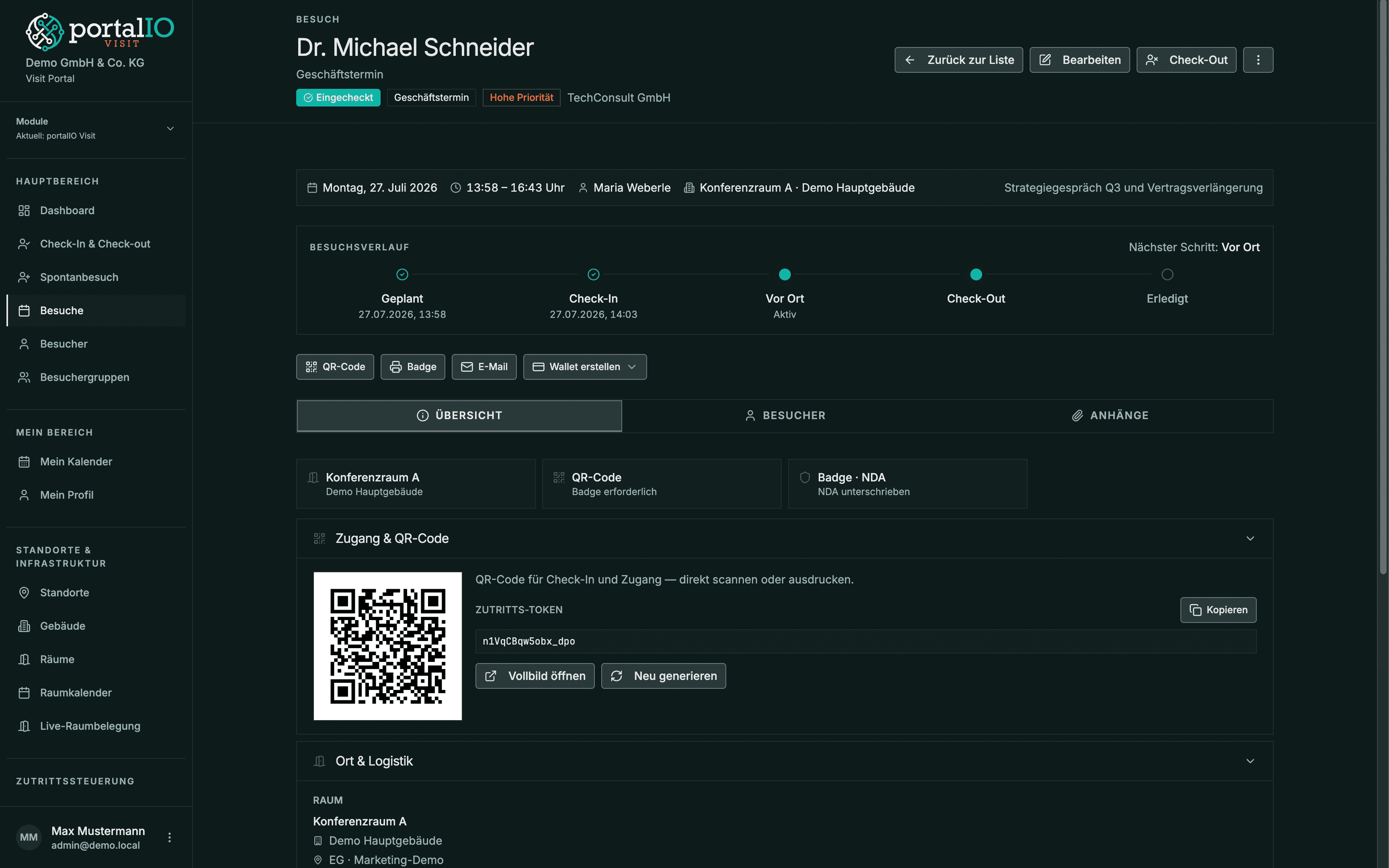 Screenshot Besuchsdetail mit Gast- und Host-Informationen