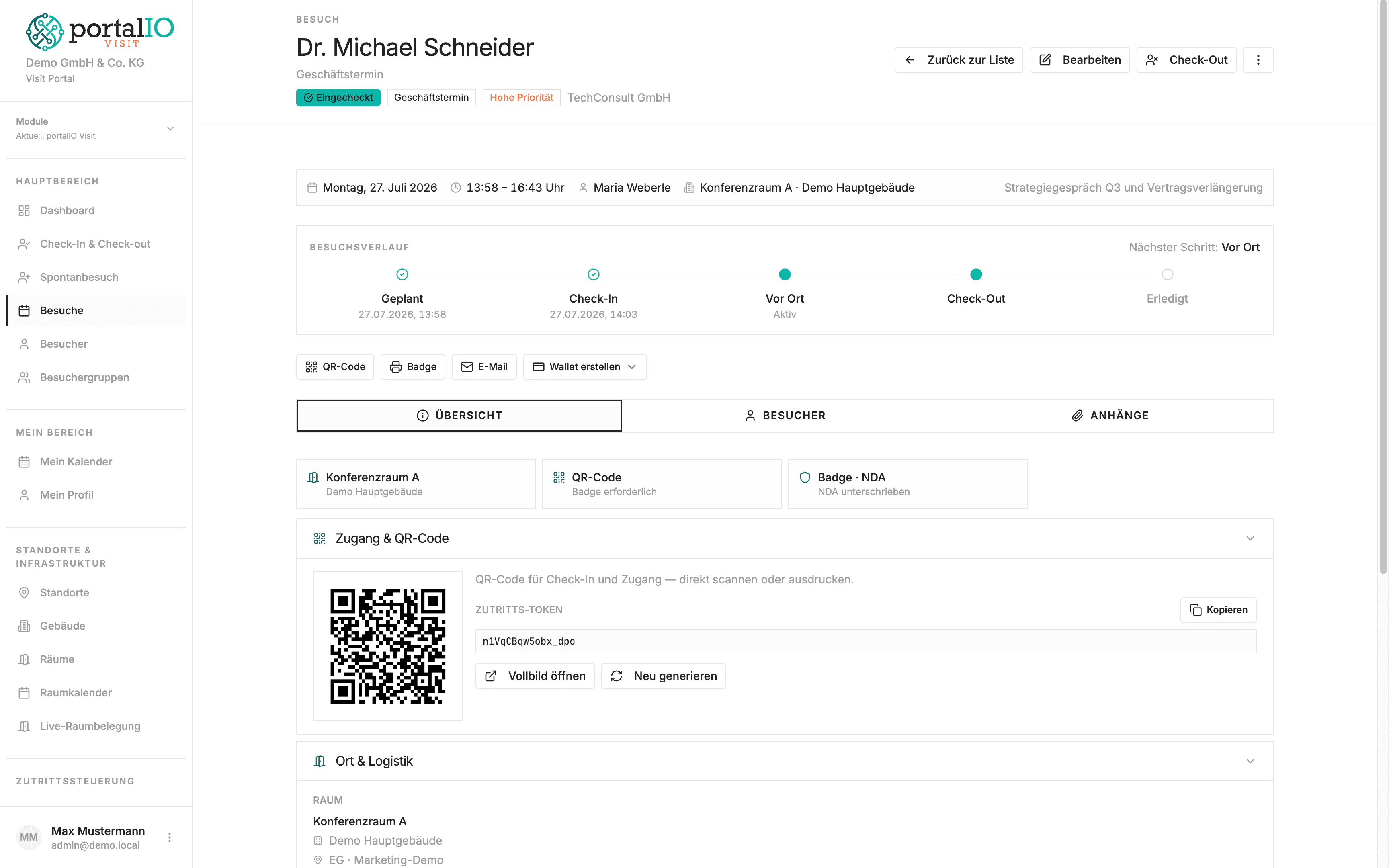 Screenshot Besuchsdetail mit Gast- und Host-Informationen
