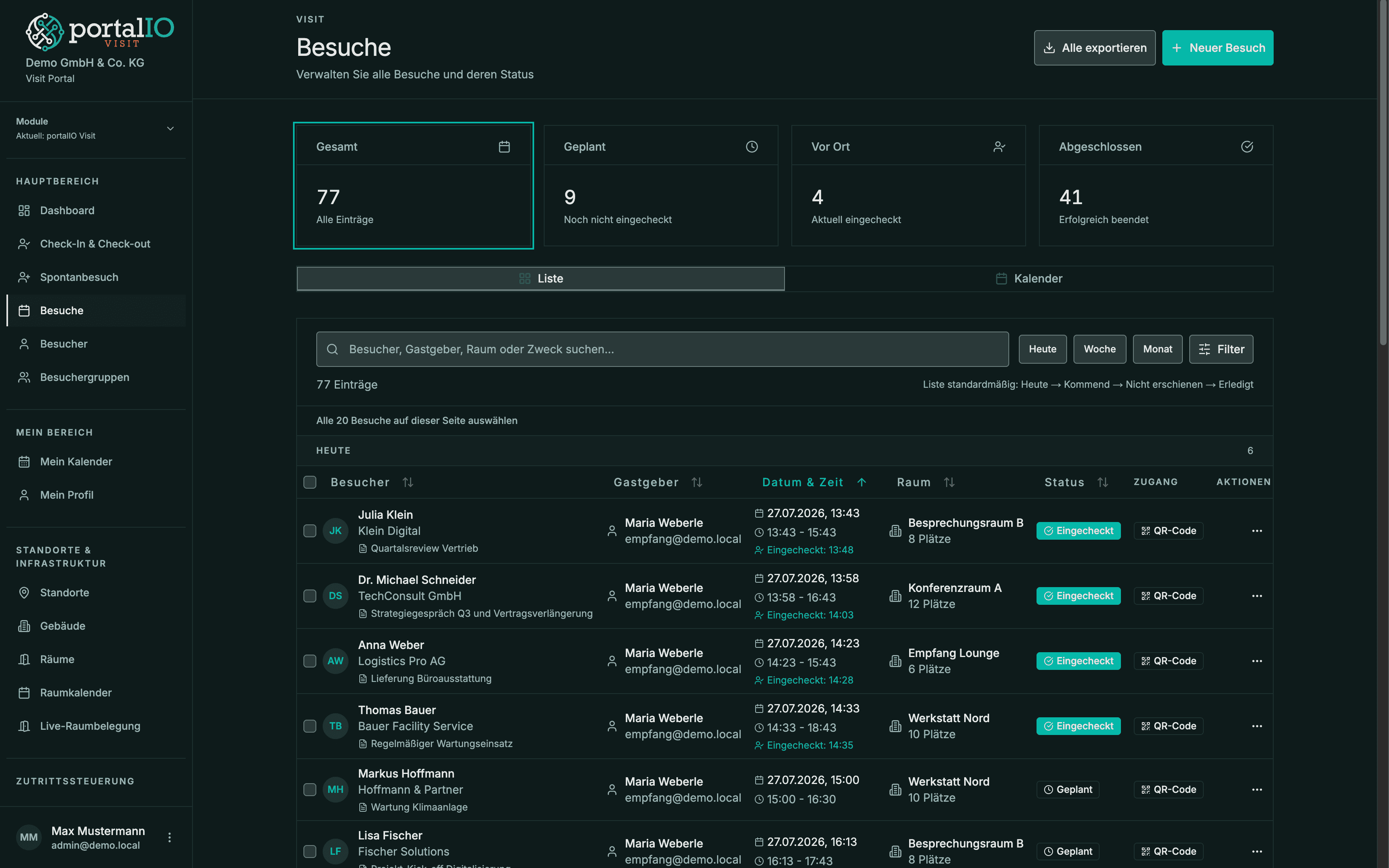 Screenshot Besuchsliste am Empfang