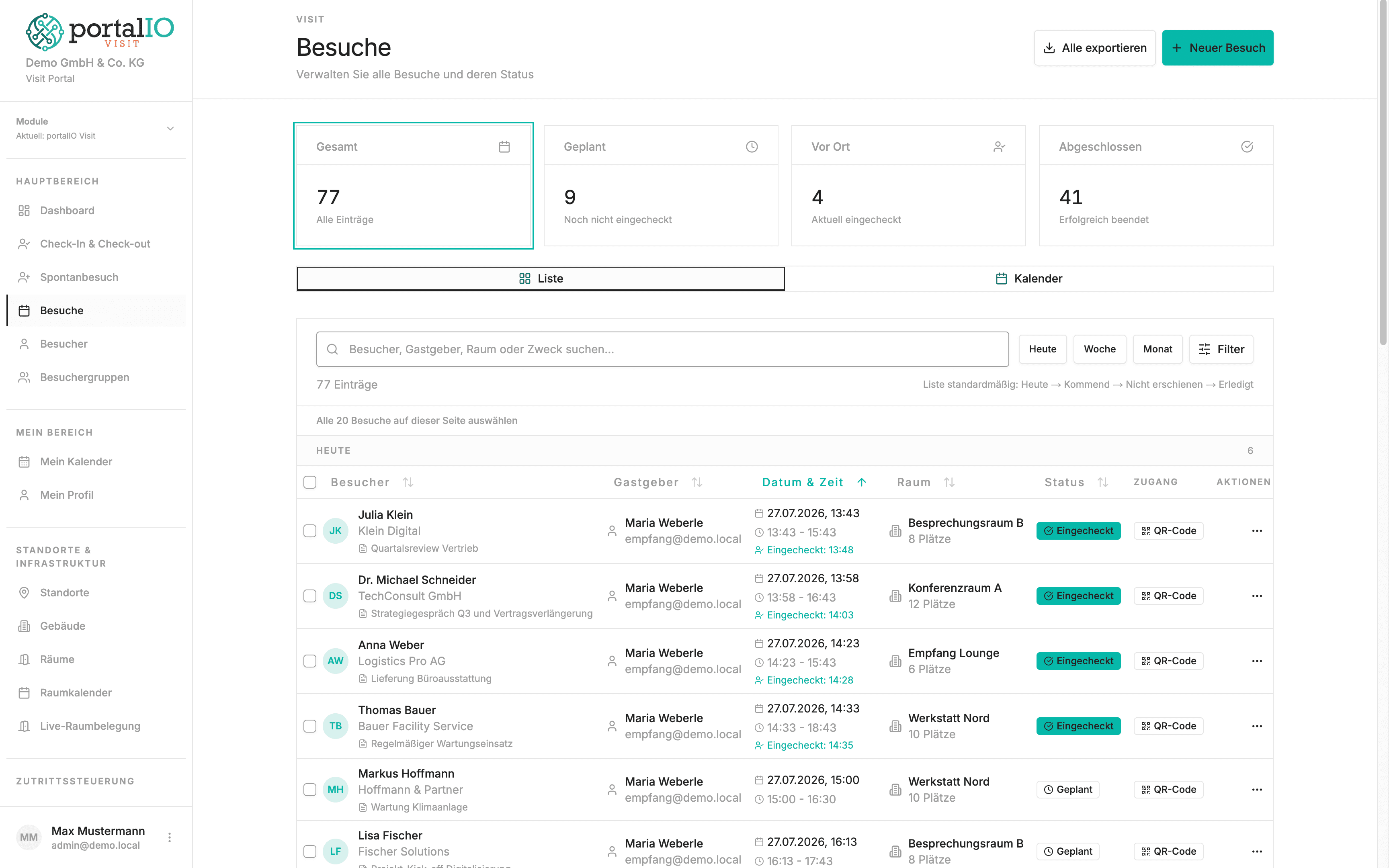 Screenshot Besuchsliste am Empfang