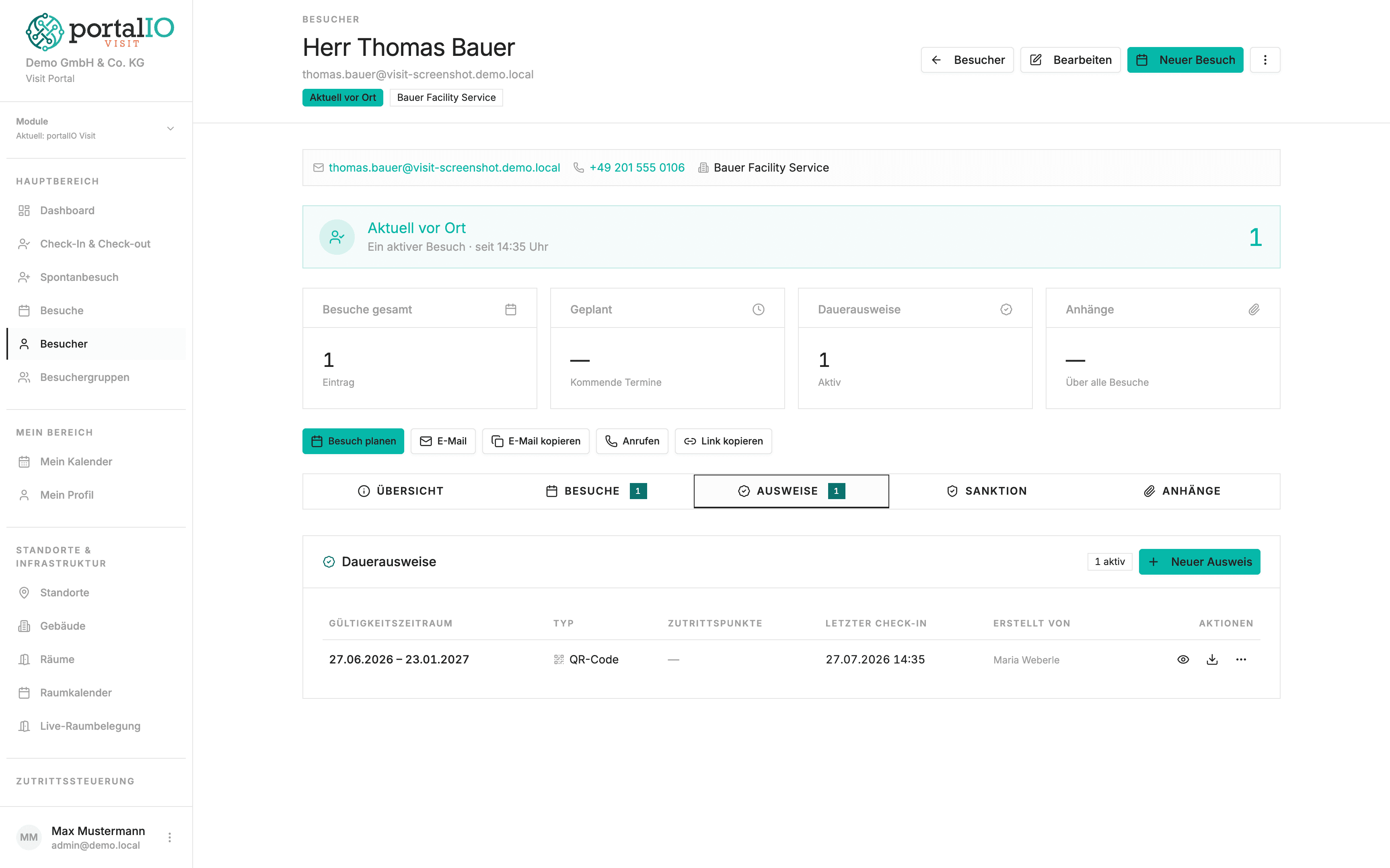 Screenshot permanenter Besucherausweis