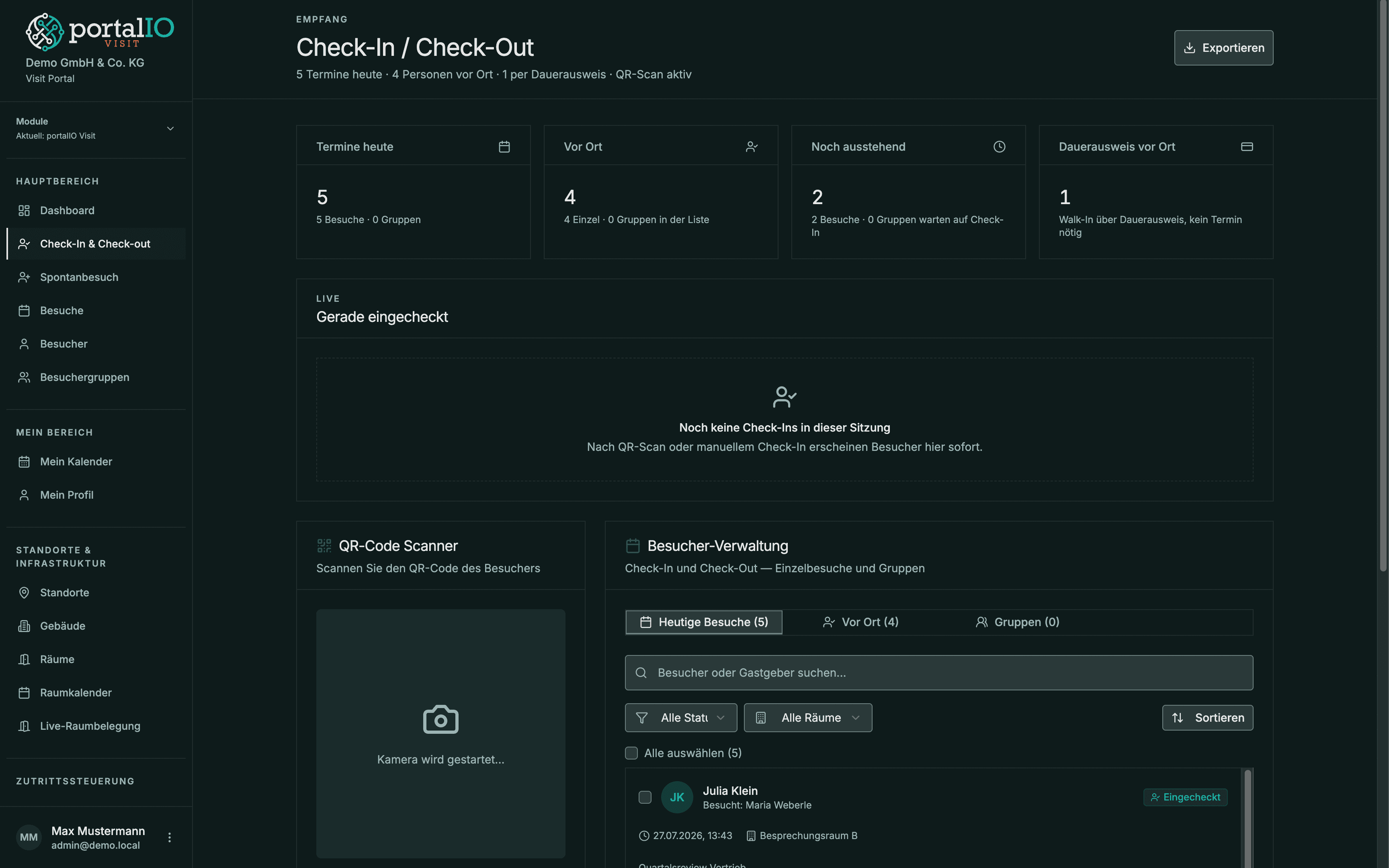 Screenshot QR Check-in und Auschecken
